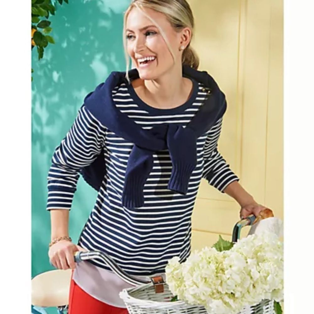 Isaac Mizrahi Live striped Ottoman Pullover Top White shirt underlay detail Sz L